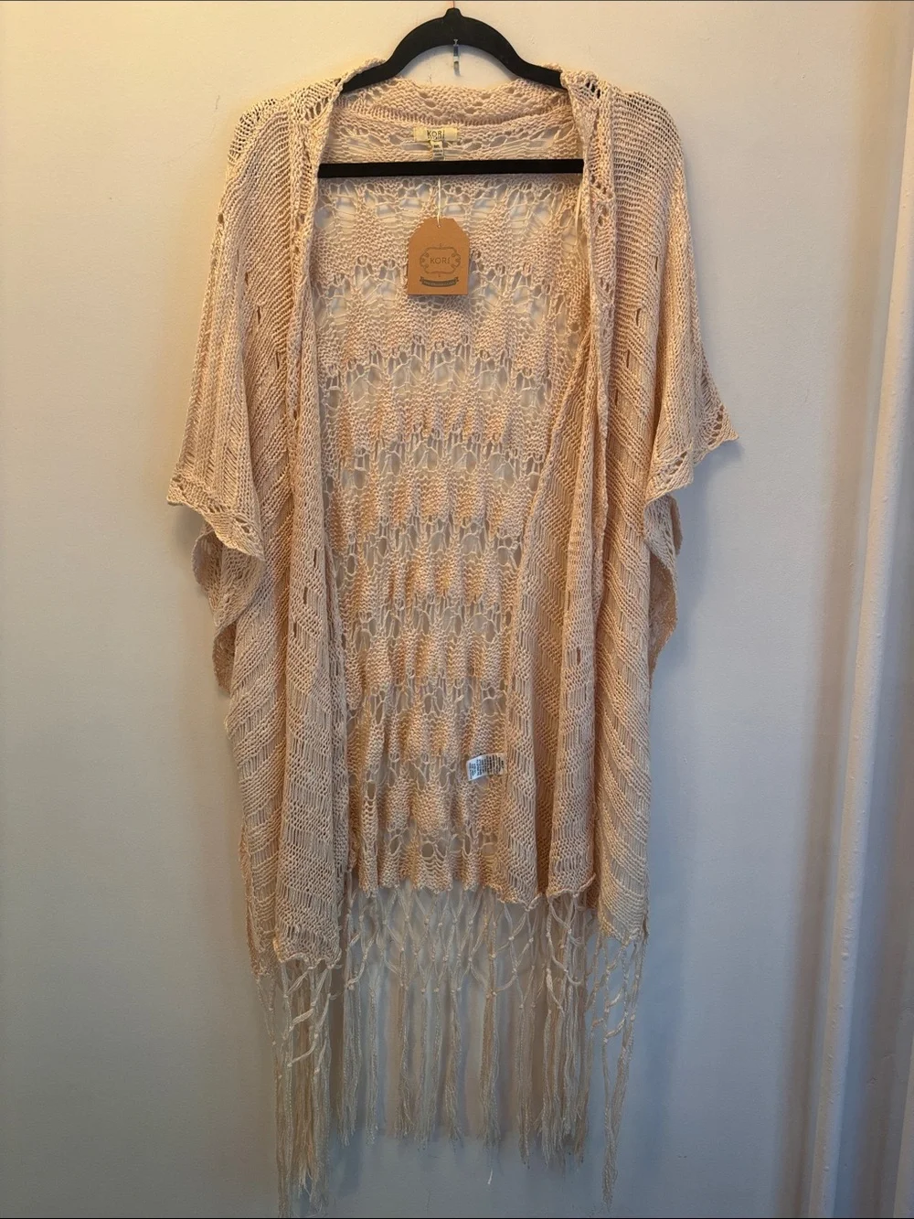 Kori | NWT Boho Fringe Open-Weave Kimono Cardigan - Neutral Cream M/L